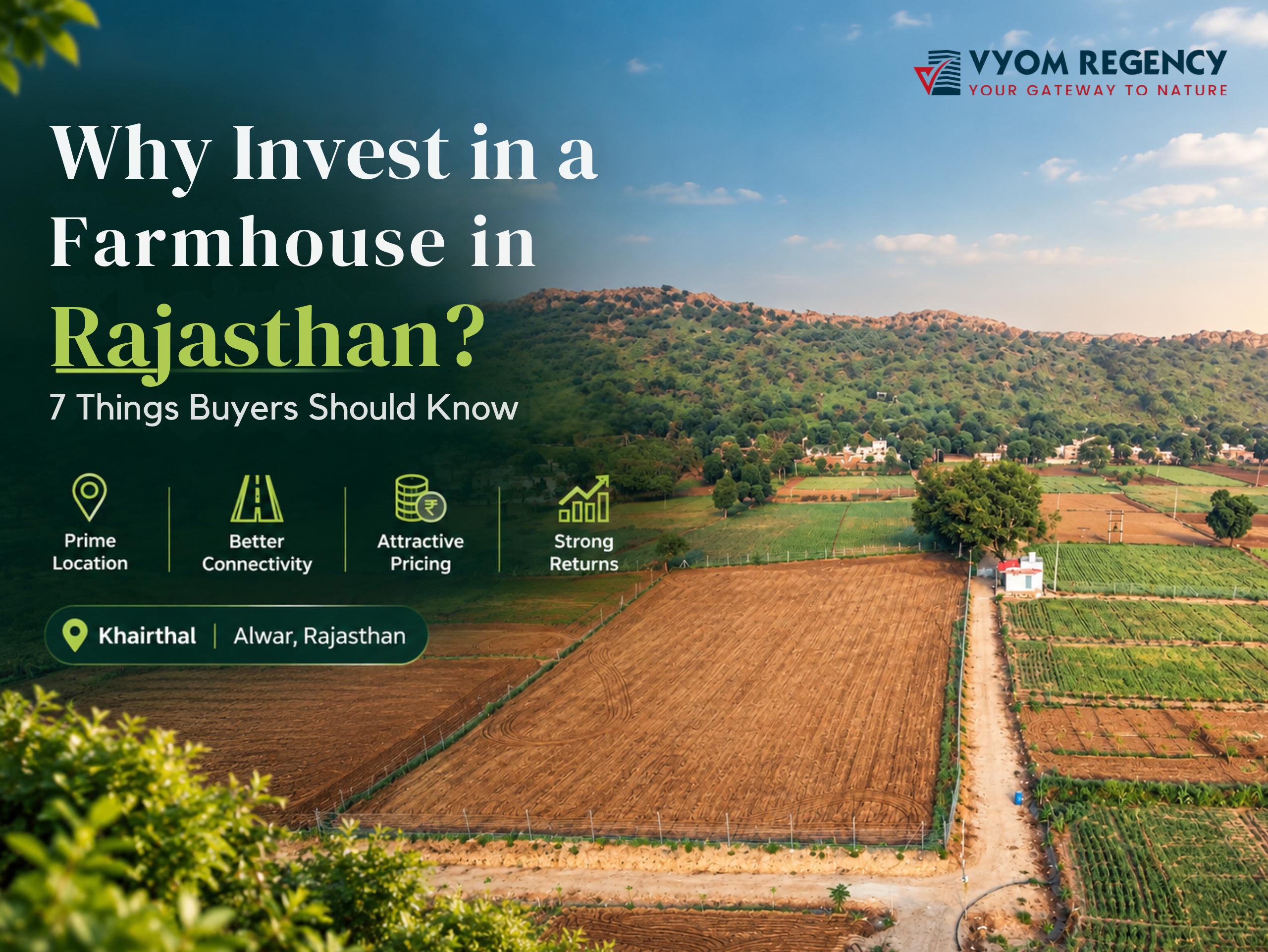 Farmhouse in Rajasthan near Alwar with green farmland and Aravalli landscape